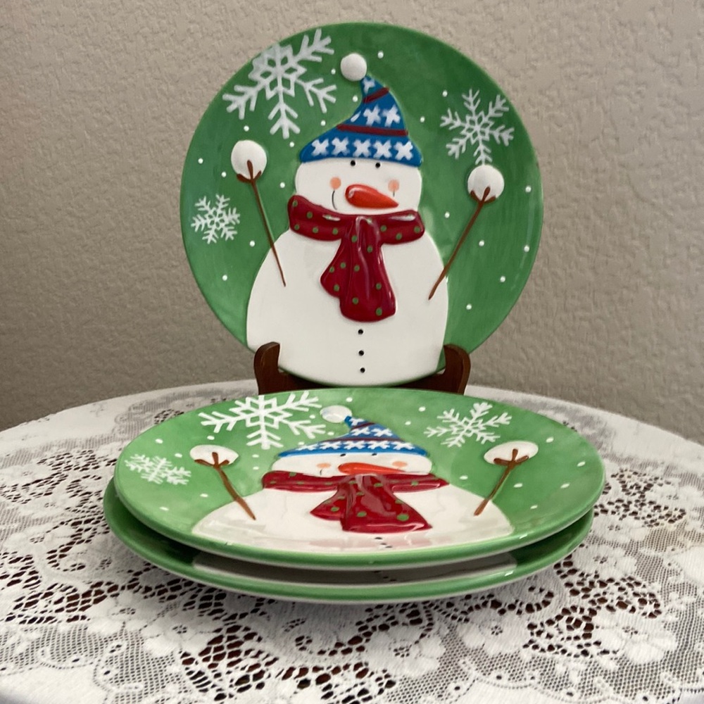 3 Pier 1 Imports Jolly Holiday Snowman Dishes. Hand Painted Dolomite. Brand New